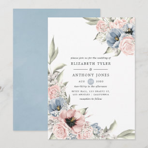 Roos Kwartz en Serenity Blue Floral Wedding Kaart