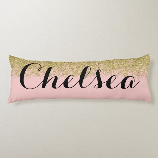 Roos Kwartz-roze Glitter Name Pillow Lichaamskussen (Voorkant)