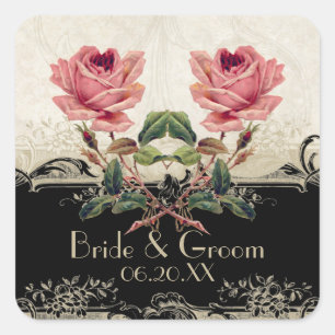 Roos met barokke stijl zwart in Cream Lace Vierkante Sticker