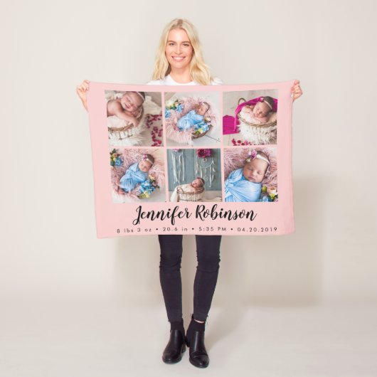 Roos Monogrammed Geboorte Stat Aankondiging Foto Fleece Deken (In situ)