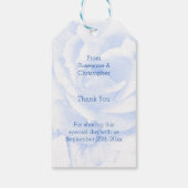 Roos ontwerp blauw gekleurde bruiloft cadeaulabel (Achterkant)