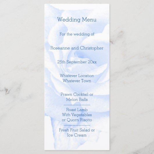 Roos ontwerp blauw gekleurde bruiloft menu (Voorkant)