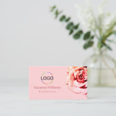  Roos op Plain Light Pink met Logo QR-code Visitekaartje (Staand voorkant)