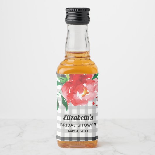 Roos op Zwarte Witte Bruiloft Mini Likeurfles Etiket (Voorkant)