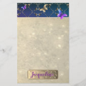 Roos Paarse Butterflies w/Name Briefpapier (Voorkant)