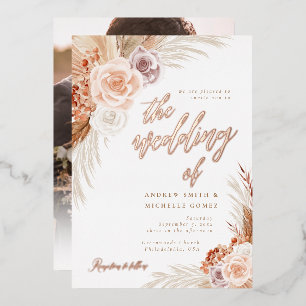 Roos Pampas Terracotta Boho Foto bruiloft Folie Uitnodiging