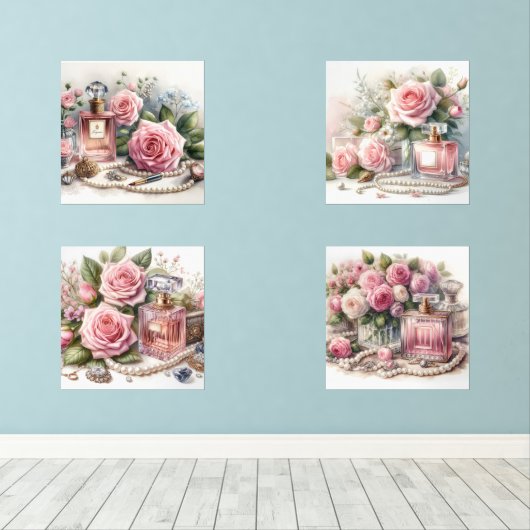 Roos Parfum en Parels (4) Print Set (Houten vloer)