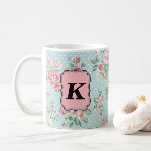 Roos patroon met monogram Koffiemok (Met donut)
