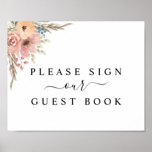 Roos Peach Floral Guest Book Sign Poster