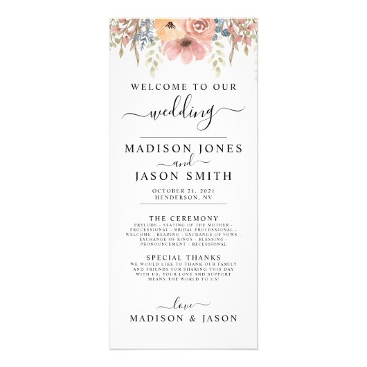 Roos Peach Floral Wedding Programme Reclamekaart (Voorkant)