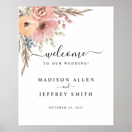  Roos Peach Floral Welcome Sign Poster (Voorkant)