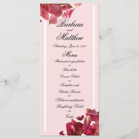 Roos Petal Pink Romantic Weddenschappen Reception Menu (Voorkant)