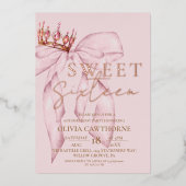 Roos Pink Bow Sweet 16 Folie Uitnodiging (Voorkant)