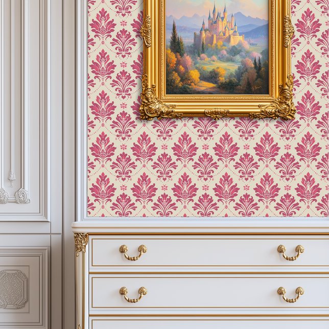 Roos Pink Damask Princesscore Behang (Rose Pink Damask Princesscore Wallpaper)