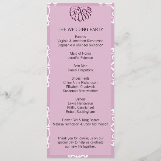 Roos Pink Damask Wedding Program Programma (Achterkant)