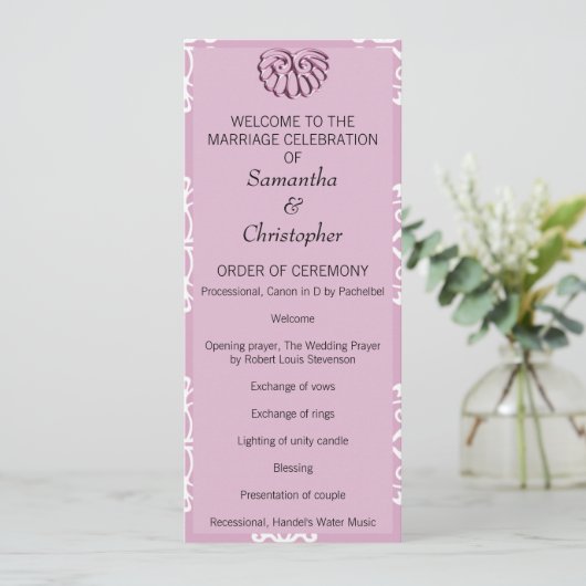 Roos Pink Damask Wedding Program Programma (Staand voorkant)