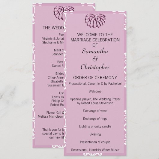 Roos Pink Damask Wedding Program Programma (Voorkant / Achterkant)