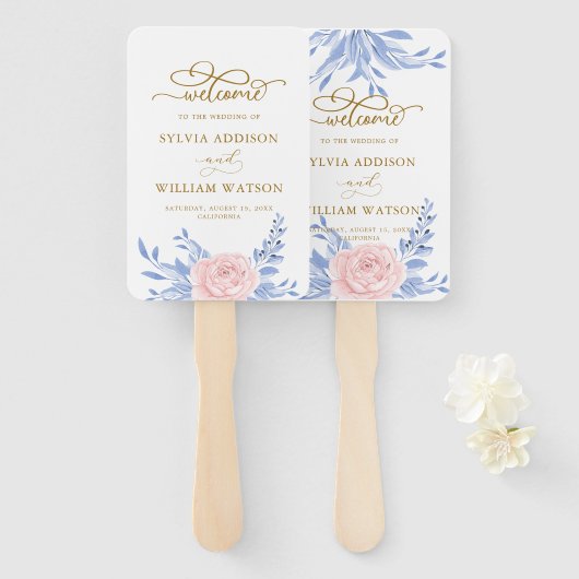 Roos - Pink Floral Gold Minimal Dusty Blue Wedding Handwaaier (Voorkant en achterkant)