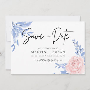 Roos - Pink Floral Gold Minimal Dusty Blue Wedding Save The Date
