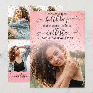 Roos Pink Gold Confetti Foto Collage Birthday Kaart