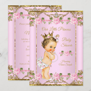 Roos Pink Gold White Princess Baby shower Brunette Kaart