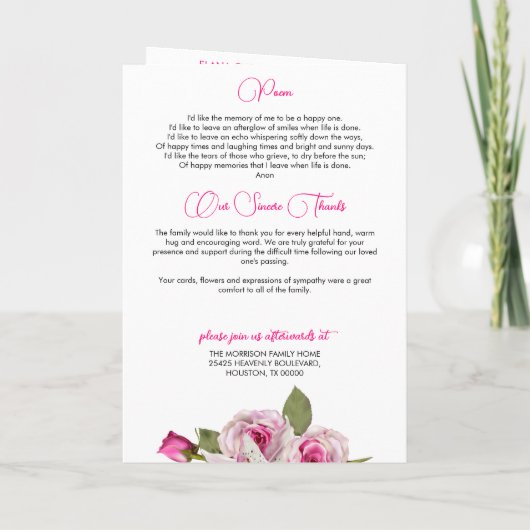 Roos Pink Lily Photo Keepsake begrafenisprogramma Programma (Achterkant)