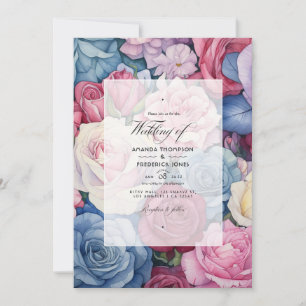 Roos Quartz, Stoffig Blauw, Roze en Cream Bruiloft Kaart