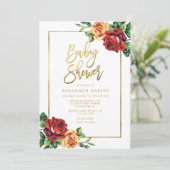Roos Rood Geel Goud Script Baby shower Kaart (Staand voorkant)