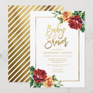 Roos Rood Geel Goud Script Baby shower Kaart