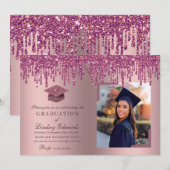 Roos Roze Afstuderen Foto van Glitter Drip Kaart (Voorkant / Achterkant)