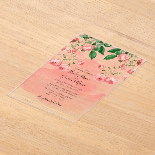 Roos Roze Bloemen Botanische Huwelijk Clear Acryl Uitnodigingen (Laagn)