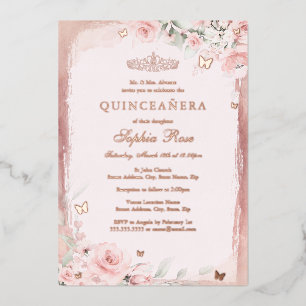Roos Roze Bloemenvlinder Quinceanera 15e Folie Uitnodiging