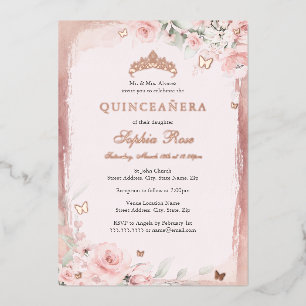 Roos Roze Bloemenvlinder Tiara Quinceanera 15e Folie Uitnodiging