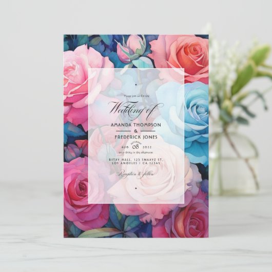 Roos Roze, Blush Roze, Turquoise en Blauw Bruiloft Kaart (Staand voorkant)