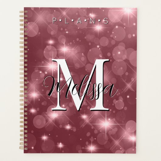 Roos Roze Bokeh Modern Monogram Sparkle Planner (Voorkant)
