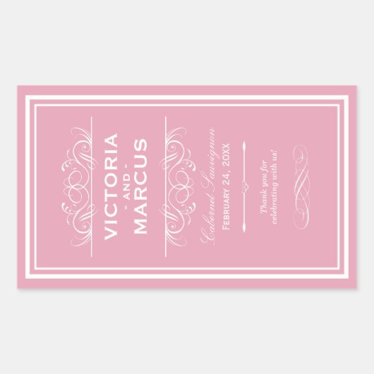 Roos roze elegante bruiloft monogram wijnfles rechthoekige sticker (Voorkant)