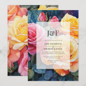 Roos Roze en Geel Bloemen Huwelijk Monogram Kaart (Voorkant / Achterkant)