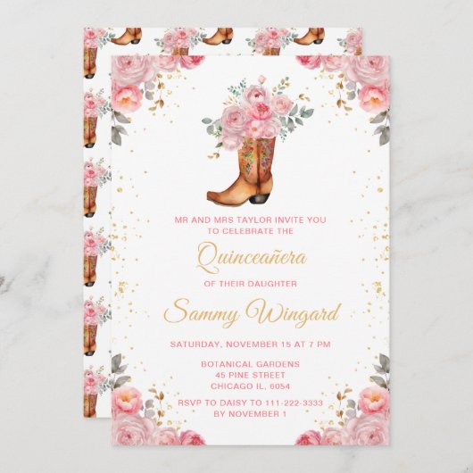 Roos Roze en Gouden Bloemen Cowboy Boot Quinceañer Kaart (Voorkant / Achterkant)
