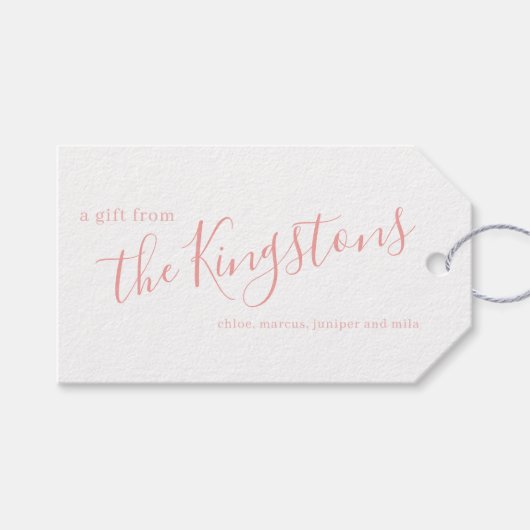 Roos Roze Familienaam Manuscript Gift Labels Cadeaulabel (Voorkant (Horizontaal))