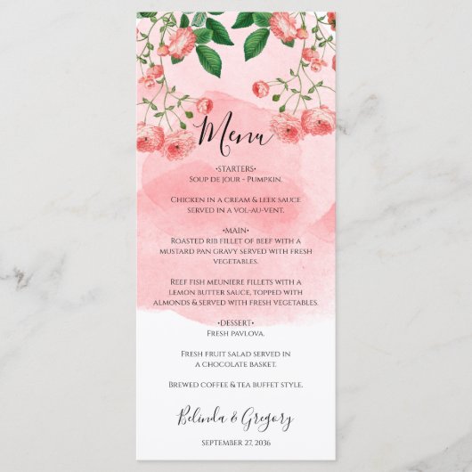 Roos Roze Floral Botanische bruiloft Menu (Voorkant)