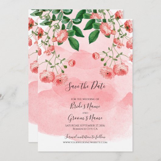 Roos Roze Floral Botanische bruiloft Save The Date (Voorkant / Achterkant)