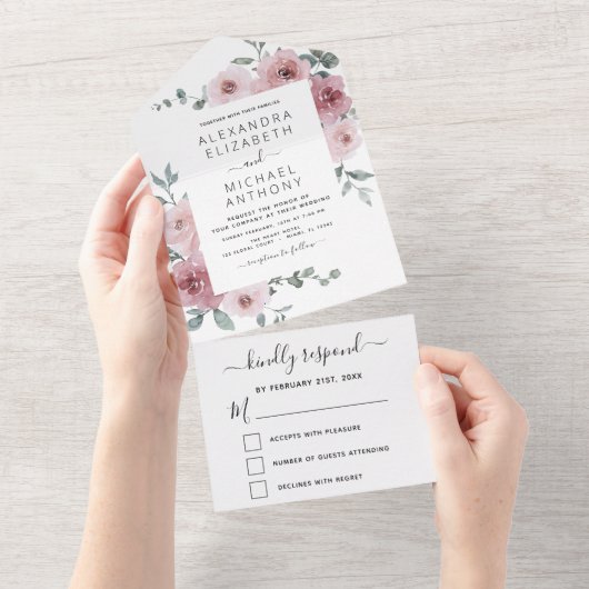 Roos Roze Floral Weddenschap Eucalyptus All In One Uitnodiging (Afscheurbaar)