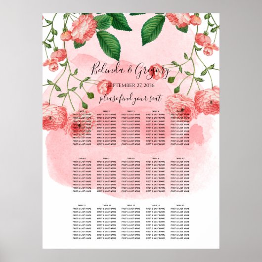  Roos Roze Floral Wedding Seating Chart Poster (Voorkant)