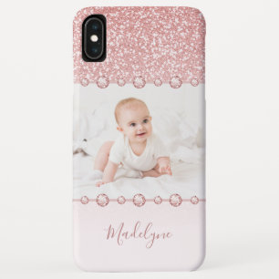 Roos Roze Glitter Rhinestone Naam Foto iPhone XS Max Hoesje