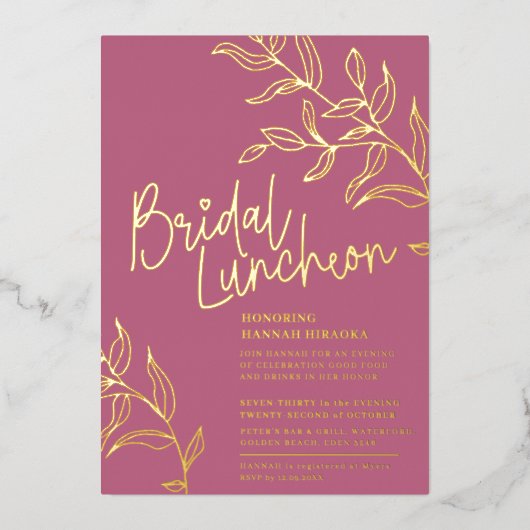 Roos roze gouden tak van bladeren bruids Luncheon Folie Uitnodiging (Voorkant)