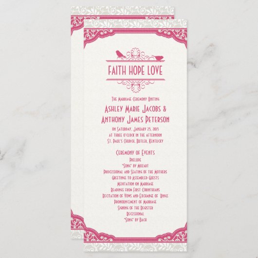 Roos Roze Ivoren Kant Vogels Trouwprogramma Programma (Voorkant / Achterkant)