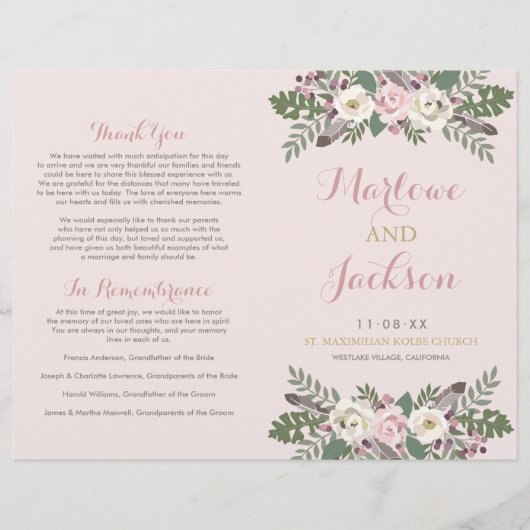 Roos Roze Moody Floral Boho Wedding Programme (Voorkant)