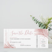 Roos Roze Palm Leaf Boarding Pass Opslaan Datum Ka Aankondiging (Staand voorkant)