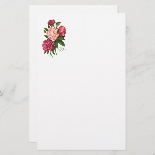  Roos Roze pioenroos Bloemen Monogram Briefpapier (Voorkant / Achterkant)