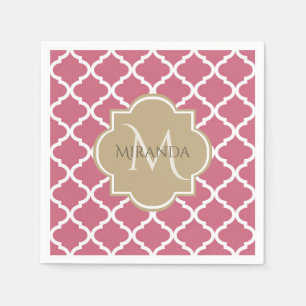 Roos Roze Quatrefoil Patroon met Groot Tan Monogra Servetten